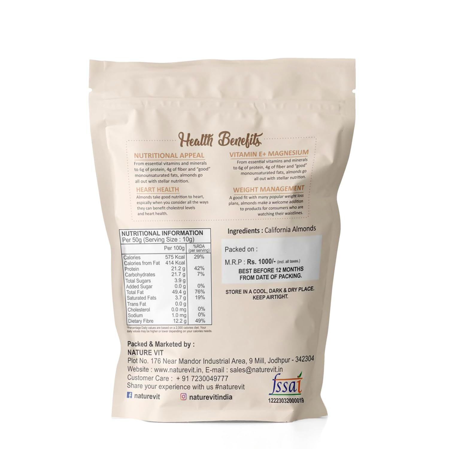 NatureVit Jumbo California Almonds | Big Size Badaam | 100% Natural Crunchy Badam Giri | Rich in Protein, Fiber, Vitamin E, Magnesium & Calcium | Healthy Snacks