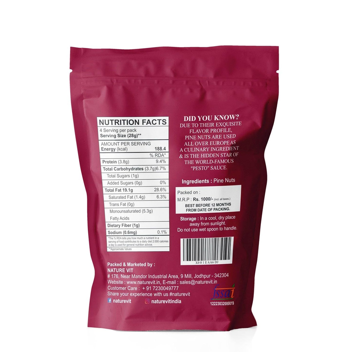 NatureVit Pine Nuts Kernels ā Premium Chilgoza Giri, Shell-Free & Jumbo Size