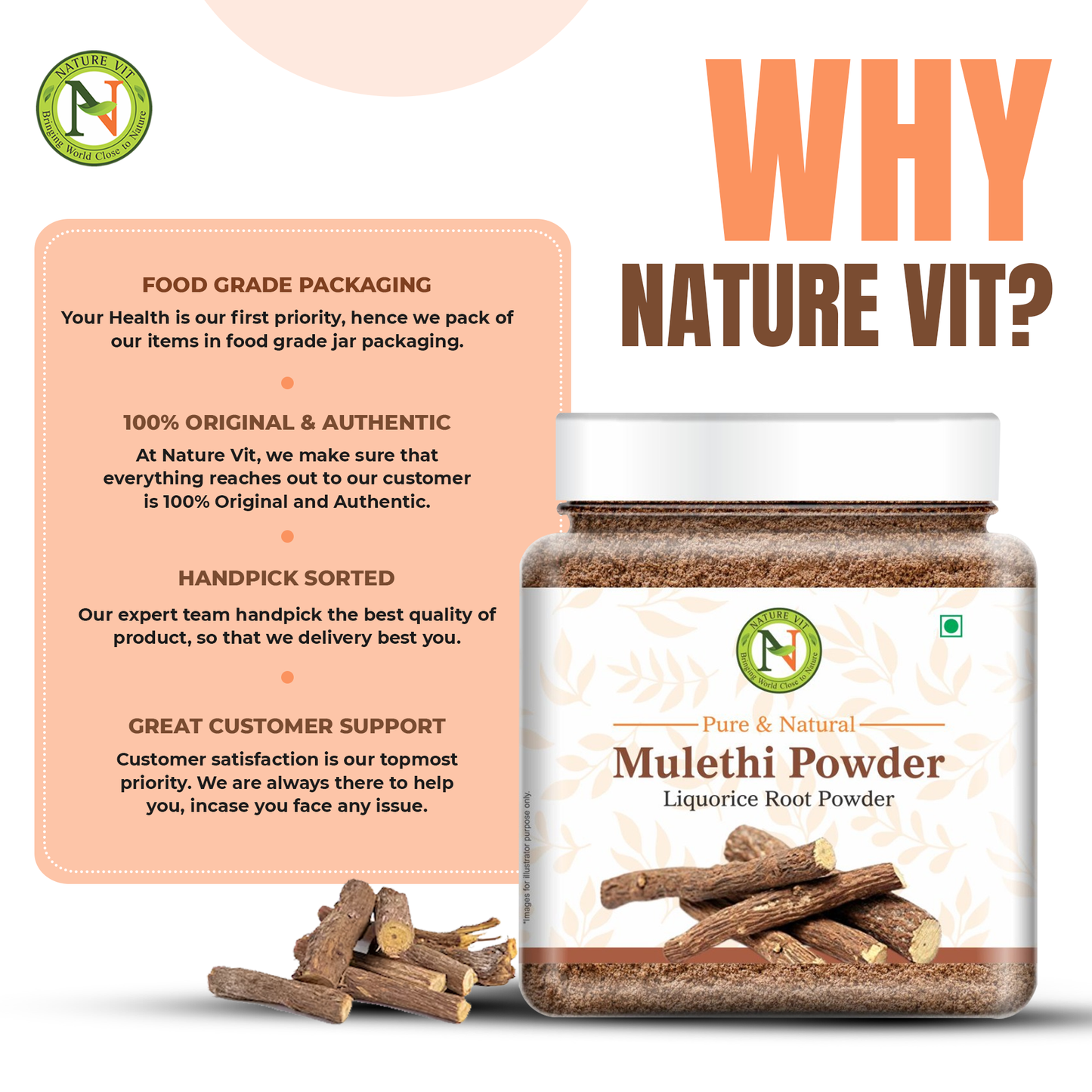 NatureVit Mulethi Powder | Yashtimadhu / Licorice Root Powder for Face, Hair & Eating | Edible | Natural & Preservative-Free