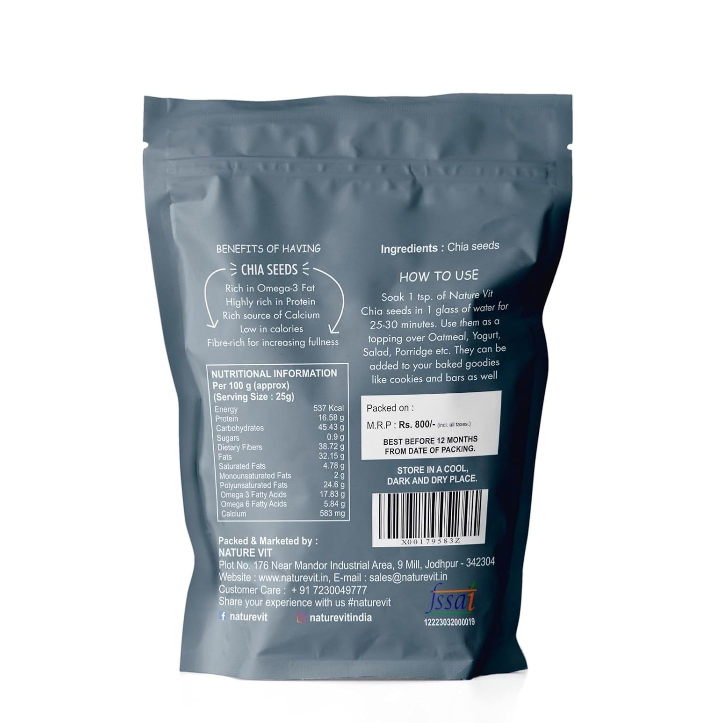 NatureVit Chia Seeds | Rich in Omega-3, Fiber & Protein | Superfood for Weight Management | Raw & Natural Seeds for Eating