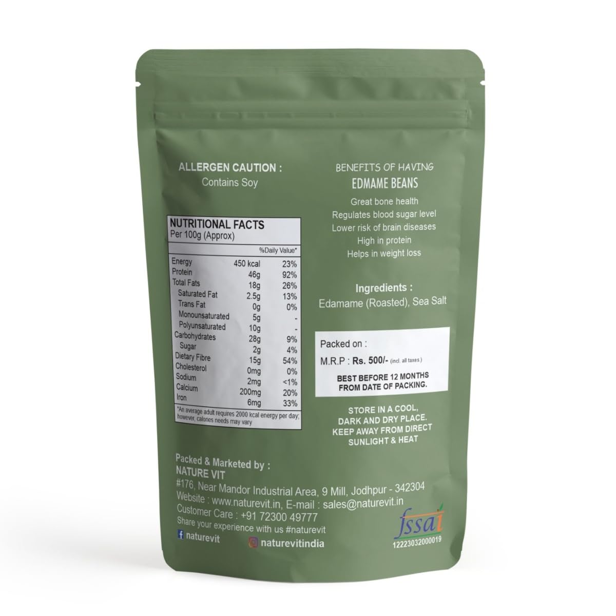 NatureVit Edamame Beans 100g | High Protein Snack | Roasted Soybean Snack | Healthy Vegan Superfood