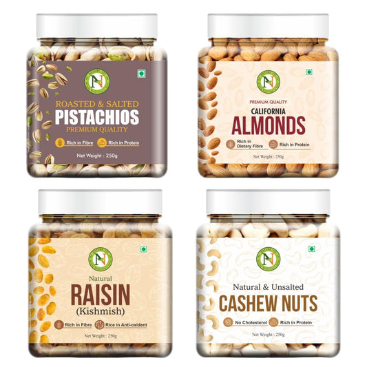 Nature Vit Dry Fruits Combo Pack (250gm * 4) | Almond, Cashew, Raisins, Roasted Pistachio | Tasty, Fresh & Healthy | High in Protein