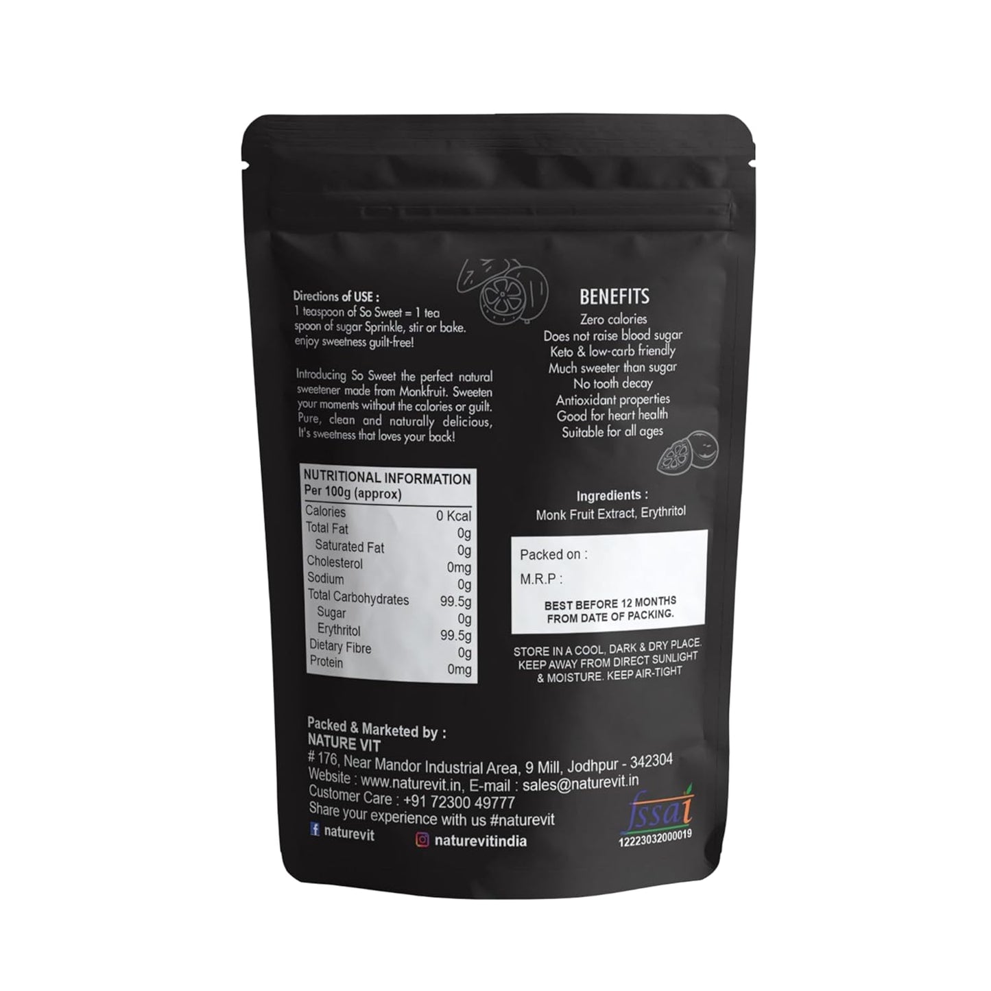 NatureVit Monk Fruit Sweetener Powder | Zero Calorie Sugar Substitute | Keto & Diabetic Friendly