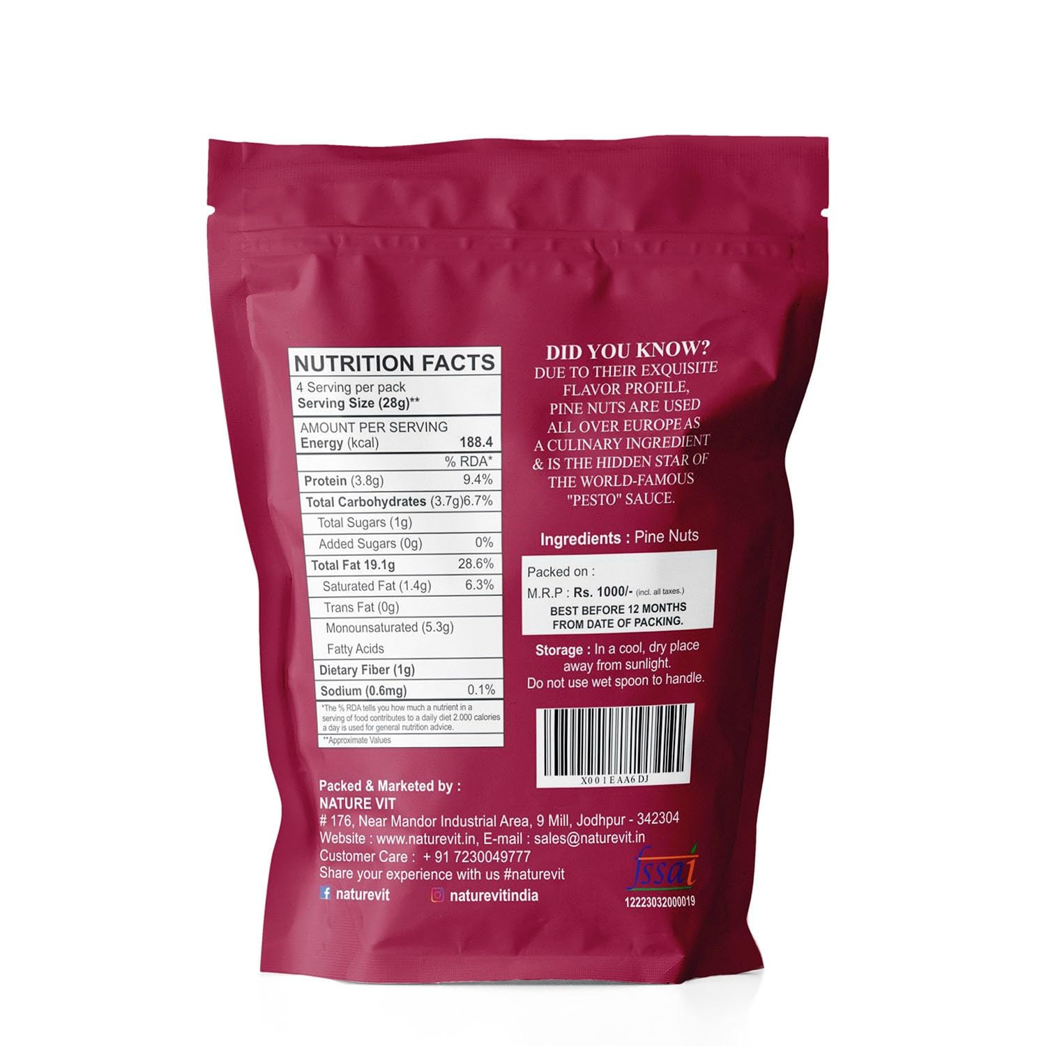 NatureVit Pine Nuts Kernels – Premium Chilgoza Giri, Shell-Free & Jumbo Size