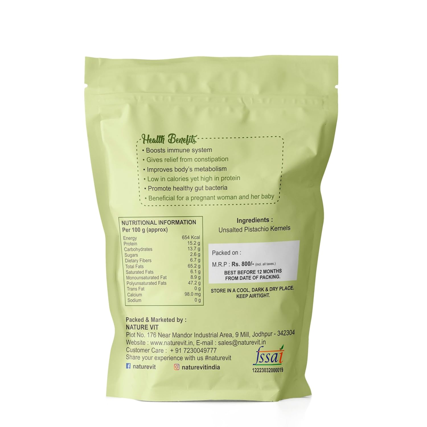 NatureVit Pistachios Kernels without Shell | High Protein & Fiber Snack