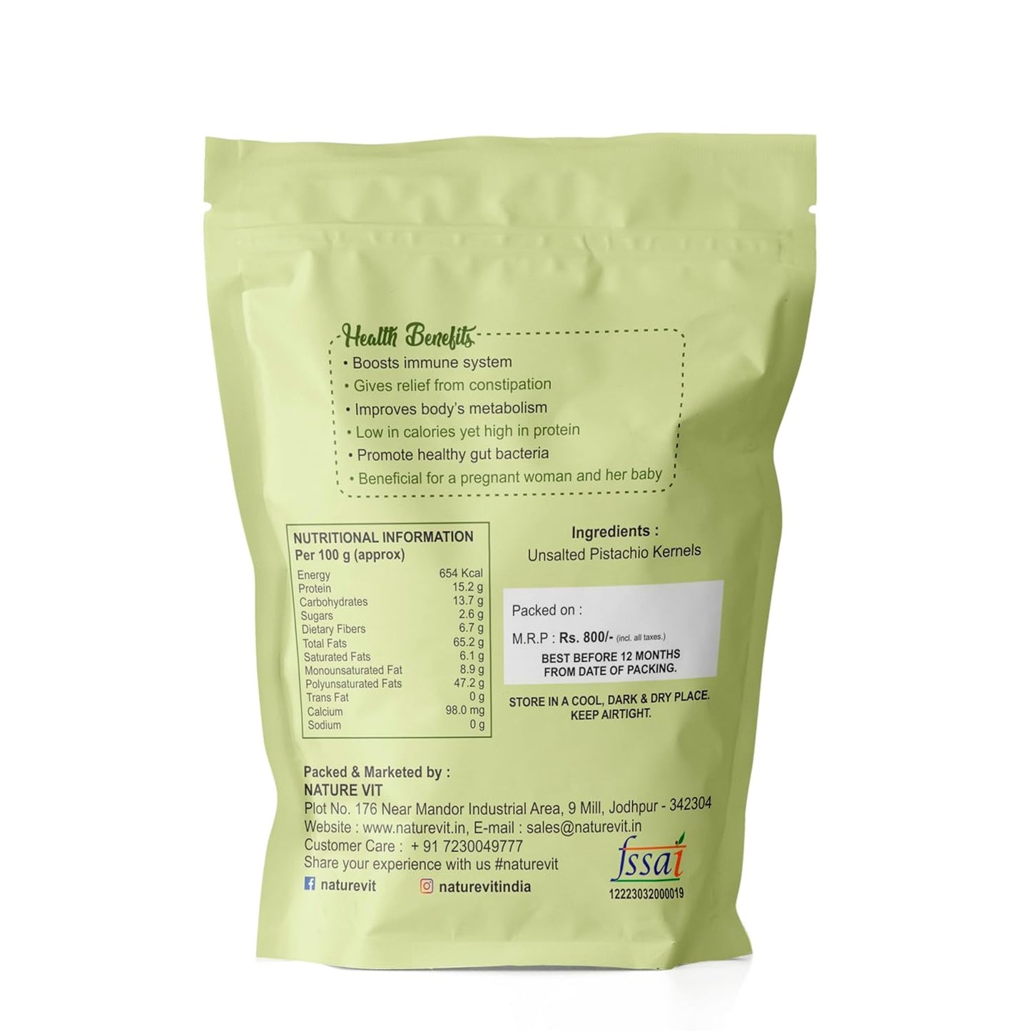 NatureVit Pistachios Kernels without Shell | High Protein & Fiber Snack