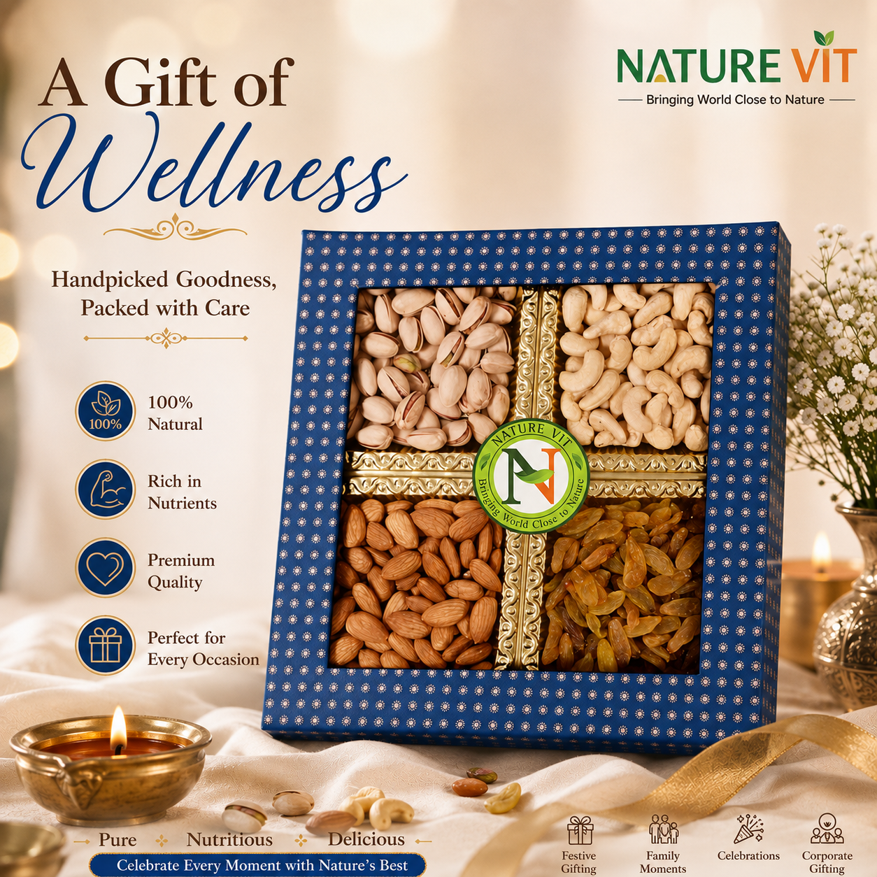 NatureVit Dry Fruits Combo Gift Pack, 400g (Cashew, Almond, Pistachios, And Raisins) - Healthy Gift Hamper Every Occasion, Diwali Gift Pack Family, Corporate Office Gifts Combo, Deepawali Pack