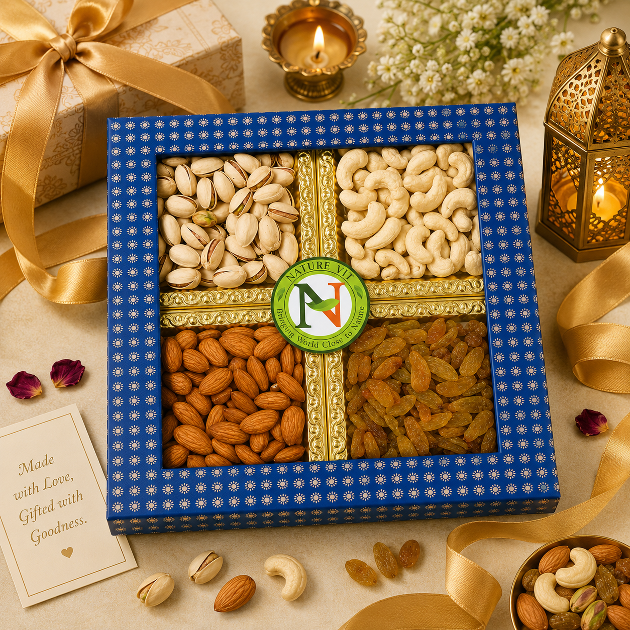 NatureVit Dry Fruits Combo Gift Pack, 400g (Cashew, Almond, Pistachios, And Raisins) - Healthy Gift Hamper Every Occasion, Diwali Gift Pack Family, Corporate Office Gifts Combo, Deepawali Pack