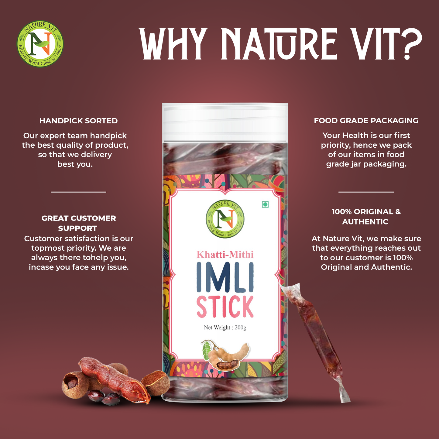 NatureVit Imli Candy Sticks – Khatti Meethi Tamarind Stick Candy | Sweet & Sour Mouth Freshener | Tangy Digestive Treat