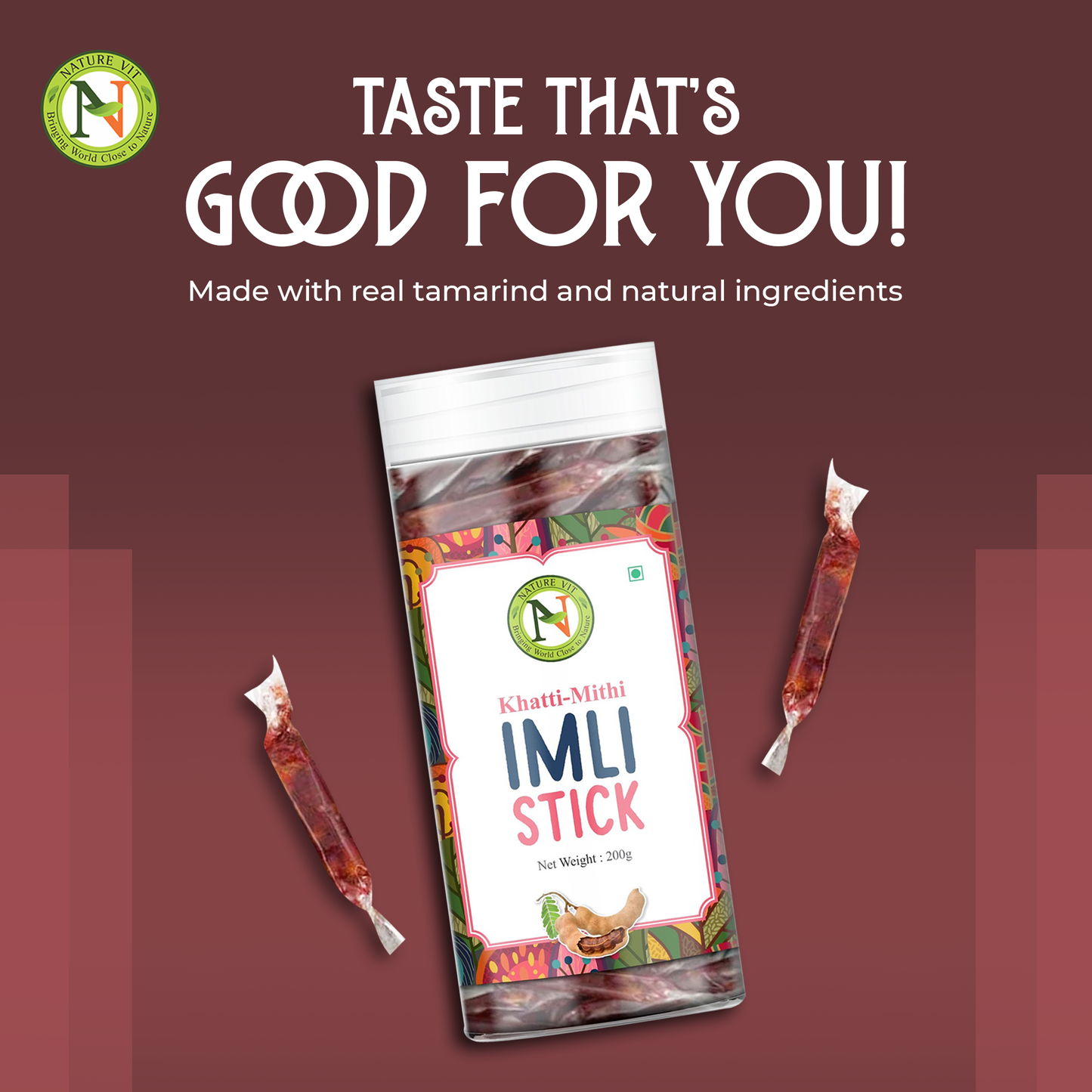 NatureVit Imli Candy Sticks – Khatti Meethi Tamarind Stick Candy | Sweet & Sour Mouth Freshener | Tangy Digestive Treat