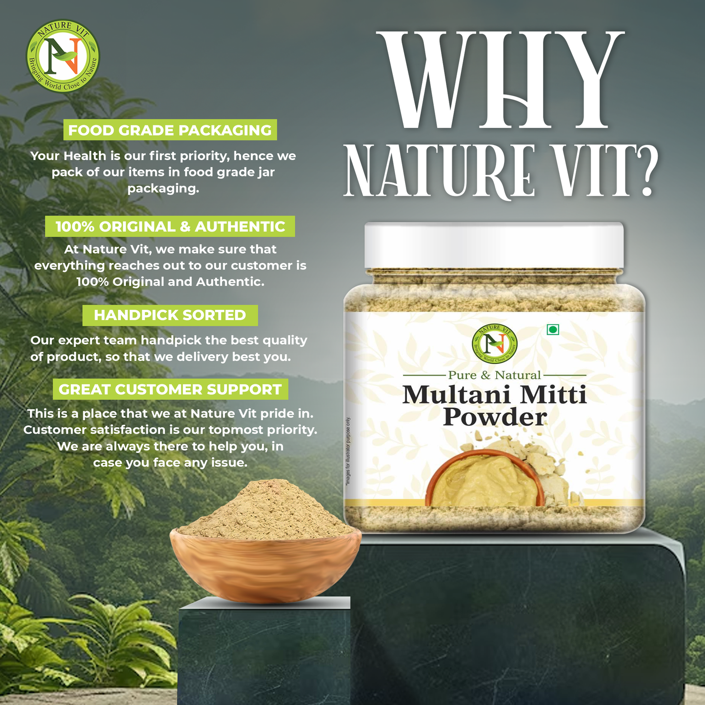 NatureVit Multani Mitti Powder For Face | Skin And Hair | Fuller's Earth | Bentonite Clay | 100% Pure & Naturally | Skin Face Clays