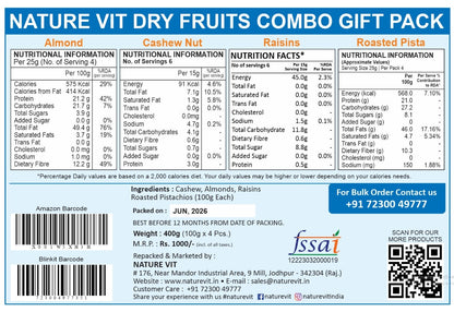 NatureVit Dry Fruits Combo Gift Pack, 400g (Cashew, Almond, Pistachios, And Raisins) - Healthy Gift Hamper Every Occasion, Diwali Gift Pack Family, Corporate Office Gifts Combo, Deepawali Pack
